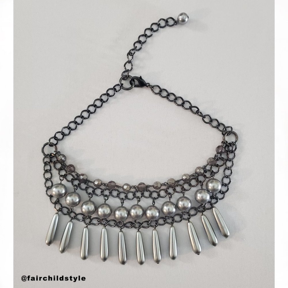 CHOKER - Grey Beads on Chain - Adjustable Size